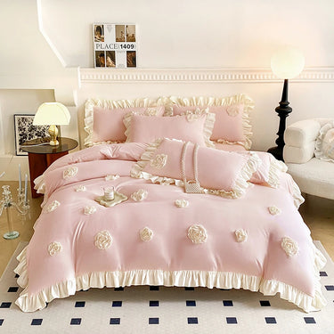 Korean Pink Blue Rose Flower Handwork Embroidery Lace Ruffle Girls Bedding